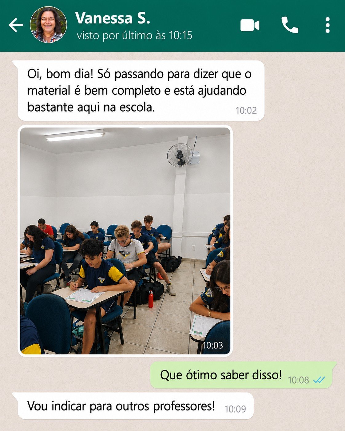 Depoimento real de professora elogiando os Simulados SAEB via WhatsApp