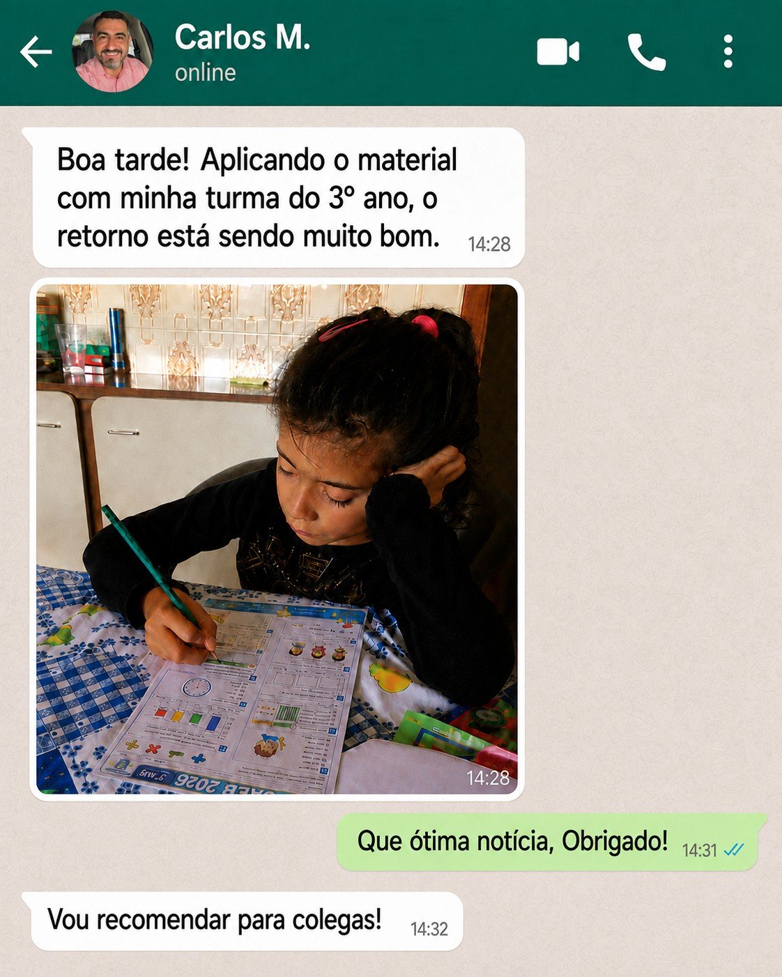 Depoimento real de professora elogiando os Simulados SAEB via WhatsApp